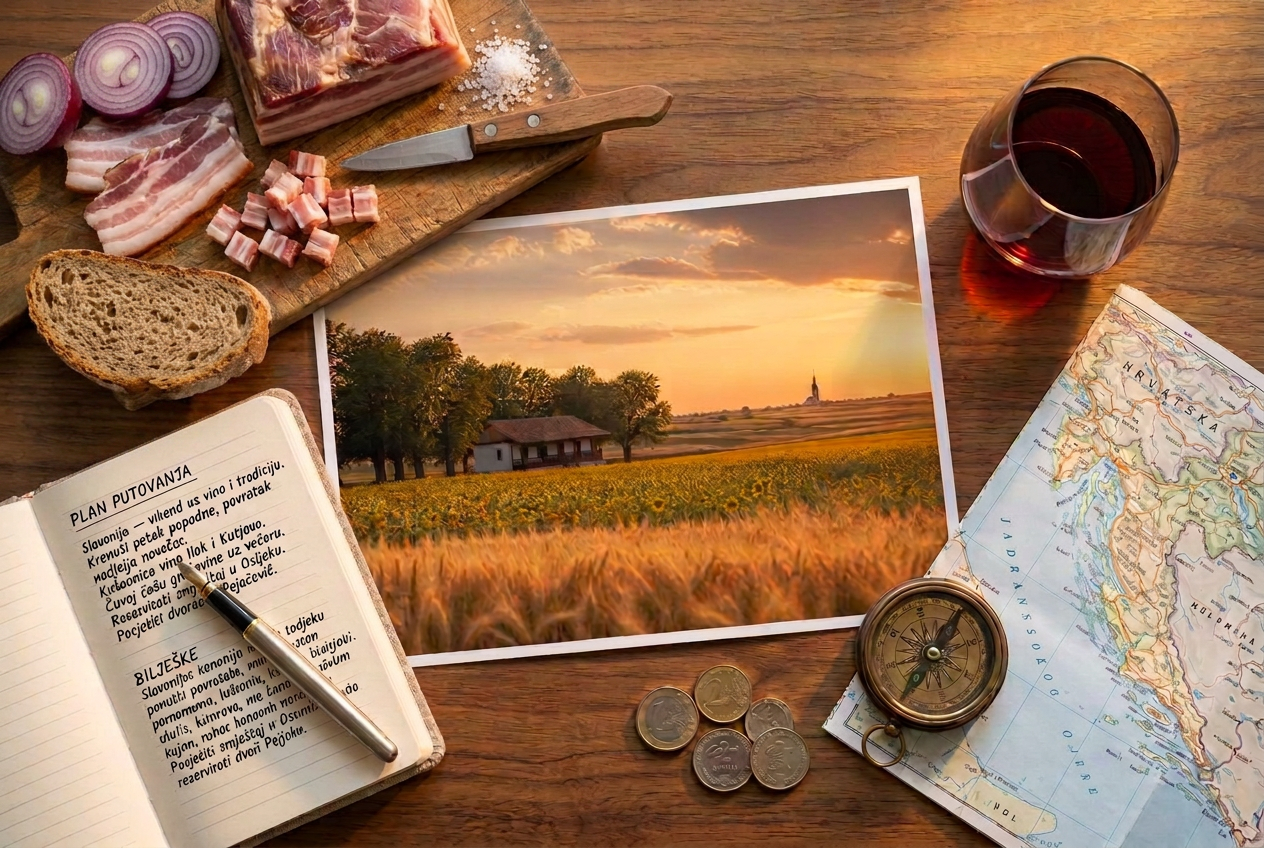 Slavonija u zlatnom satu — polja suncokreta, hrastovi i tradicijska kuća pod baroknim zvonikom